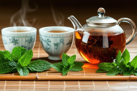 Aromatic herbal tea in glass teapot and cupsの素材
