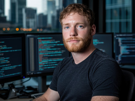 Serious programmer working on computer code in officeの素材