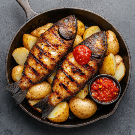 Grilled fish and potatoes in a cast iron skilletの素材