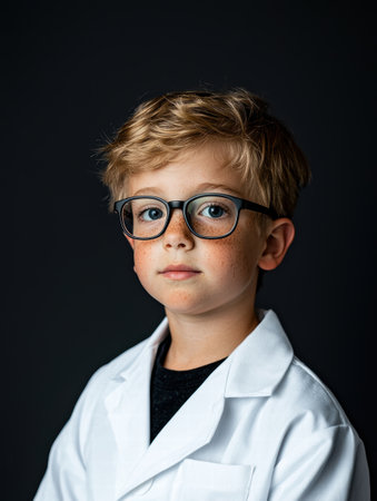 Young boy in lab coat and glassesの素材