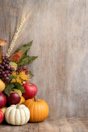 Autumn harvest still life on wooden backgroundの素材