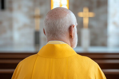 senior priest in yellow robe praying in churchの素材