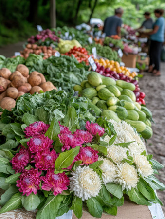 Vibrant Produce and Floral Display at Local Farmers Marketの素材