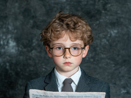 Serious young boy in suit and glasses reading newspaperの素材