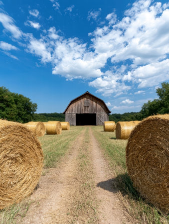 Rustic barn in a field of hay balesの素材