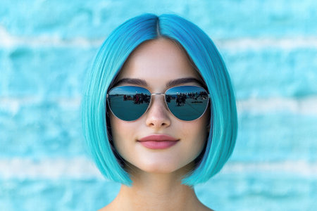 young woman with blue hair and sunglassesの素材