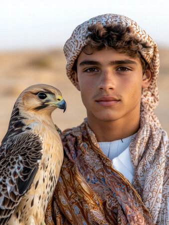 young man in traditional middle eastern clothing holding a falconの素材