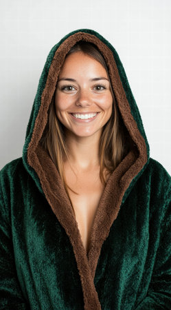 Smiling woman in cozy green hooded jacketの素材