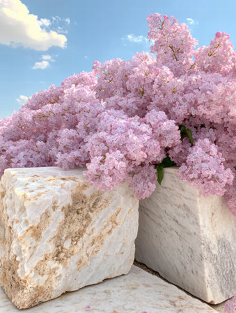 Blooming pink lilac flowers in a marble vaseの素材