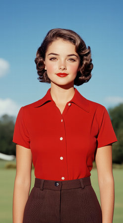 Retro woman in red blouse posing outdoorsの素材