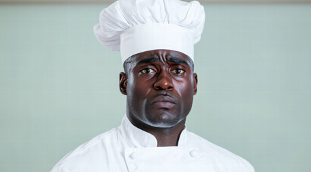 serious chef in white uniform looking at cameraの素材
