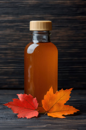 Autumn maple leaves and maple syrup bottleの素材