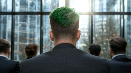 Businessman with green hair looking out windowの素材