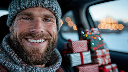 smiling man with beard in winter carの素材