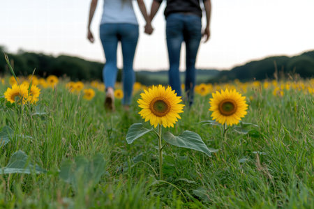 Couple walking through a sunflower field at sunsetの素材