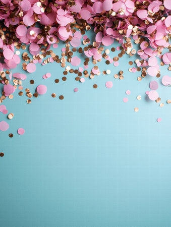 pink and gold confetti on blue backgroundの素材