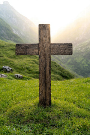 Wooden cross in a serene mountain landscapeの素材