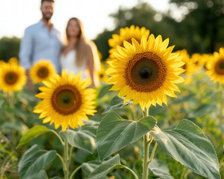 happy couple in sunflower fieldの素材