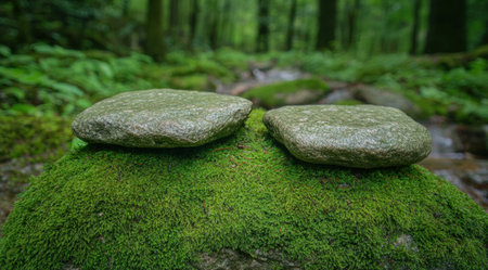 Moss-covered rocks in lush green forestの素材