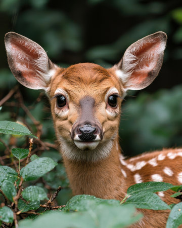 Curious deer peeking through foliageの素材