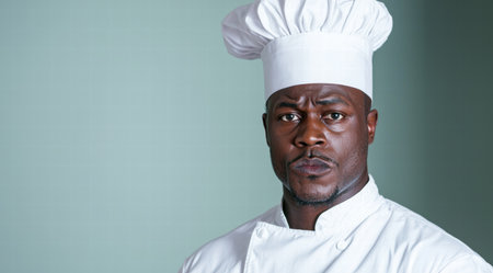 serious african american chef in uniformの素材