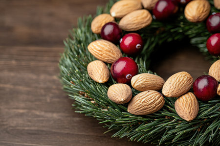 festive holiday wreath with pine branches, cranberries, and almondsの素材