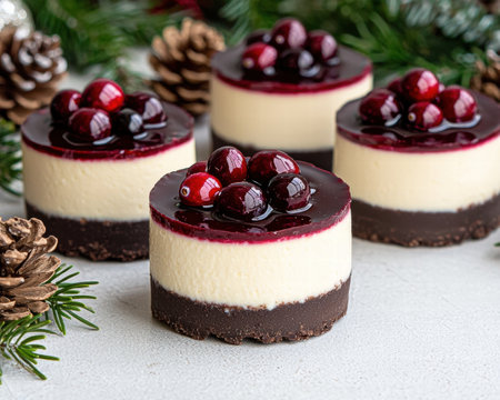 Delicious cherry cheesecake desserts with pine cones and greeneryの素材