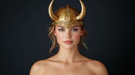 woman wearing golden helmet with hornsの素材