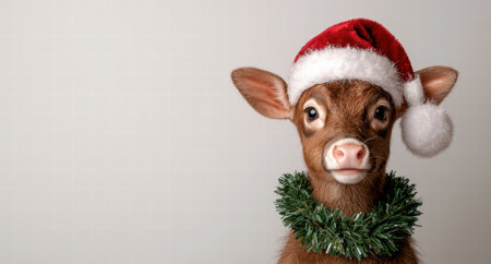 adorable calf wearing santa hat and christmas wreathの素材