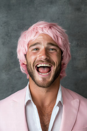 Joyful man with pink hairの素材