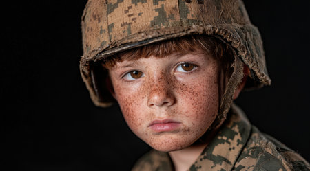 young soldier with freckles and serious expressionの素材