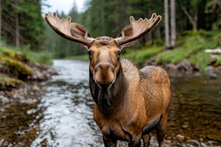 majestic moose in forest streamの素材