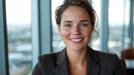 Smiling woman in business attire looking out windowの素材