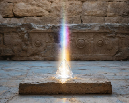 Mystical crystal pyramid emitting colorful lightの素材