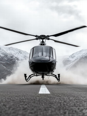 helicopter landing on snowy mountain runwayの素材