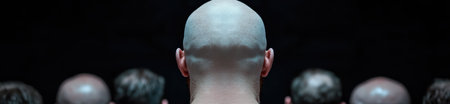 Bald man standing in front of dark backgroundの素材