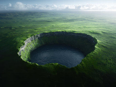 Aerial view of a lush green crater lakeの素材