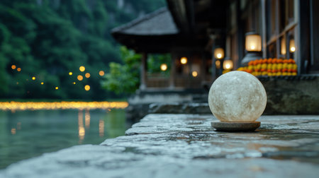 Serene Japanese garden scene with glowing lanterns and stone sphereの素材