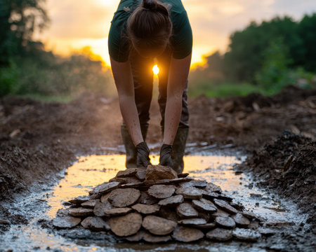 person walking on rocky path at sunsetの素材