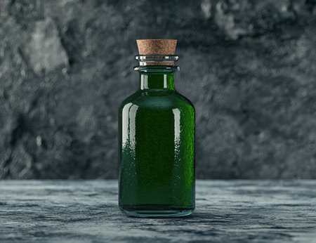 green glass bottle with cork stopper on dark backgroundの素材