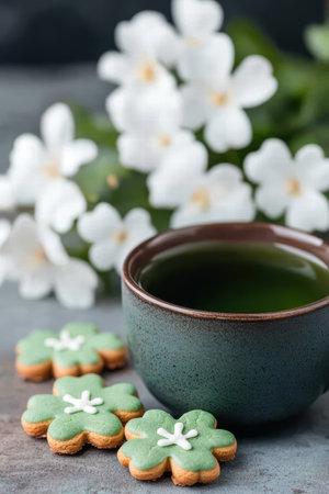 Cozy cup of tea and festive cookiesの素材
