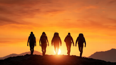 silhouettes of people walking towards the sunsetの素材