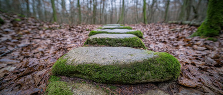 Mossy stones on a forest pathの素材