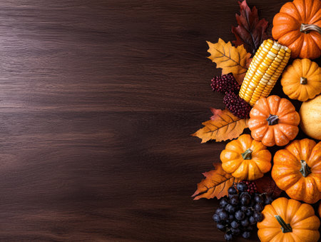Autumn harvest still life with pumpkins, corn, and leavesの素材