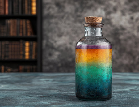Colorful potion bottle on wooden tableの素材