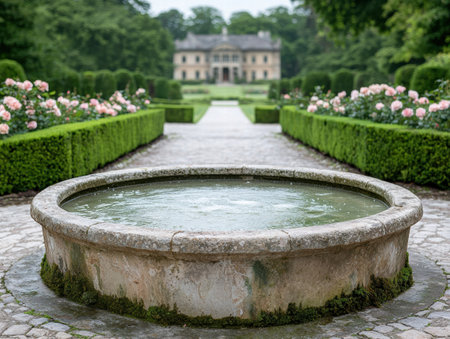 Elegant garden fountain with historic mansion in backgroundの素材