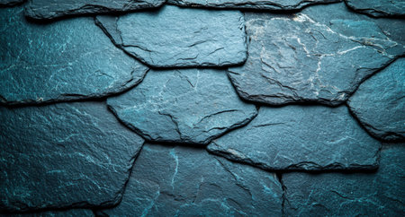 Textured slate rock wall with cracked surface and teal blue huesの素材
