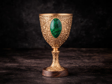 Ornate golden chalice with emerald gemstoneの素材