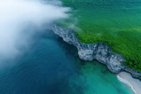 Stunning aerial view of dramatic coastline with turquoise watersの素材