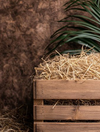 Wooden crate filled with straw on dirt backgroundの素材